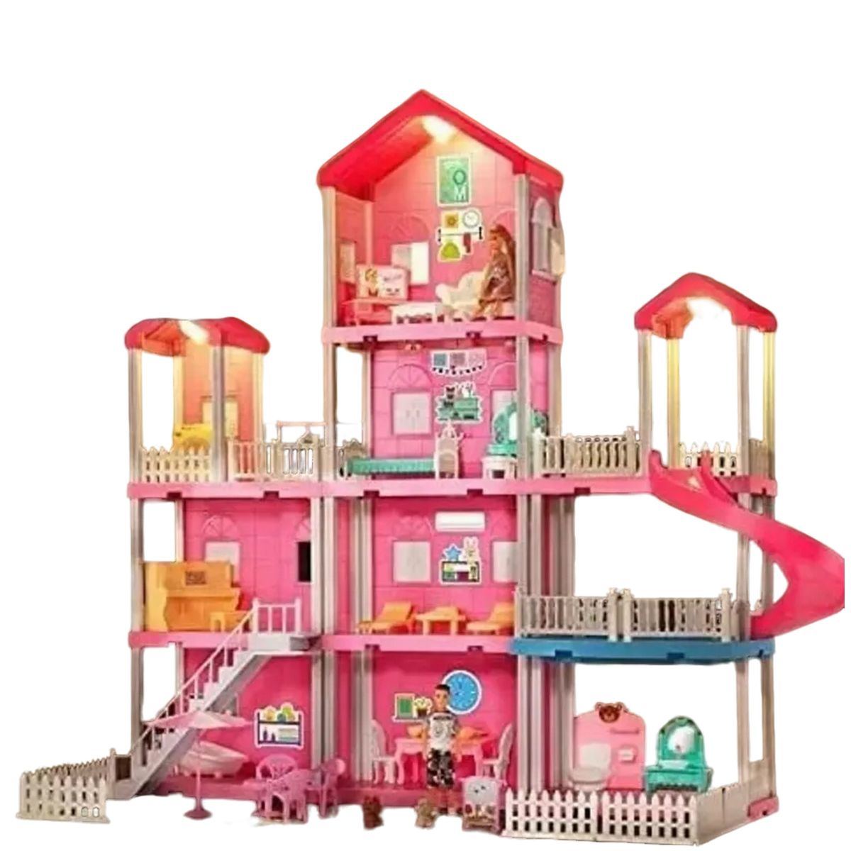 DISTRIONLINE - Casa De Muñecas 4 Pisos Con Luces Muebles y Figuras, 185 Piezas