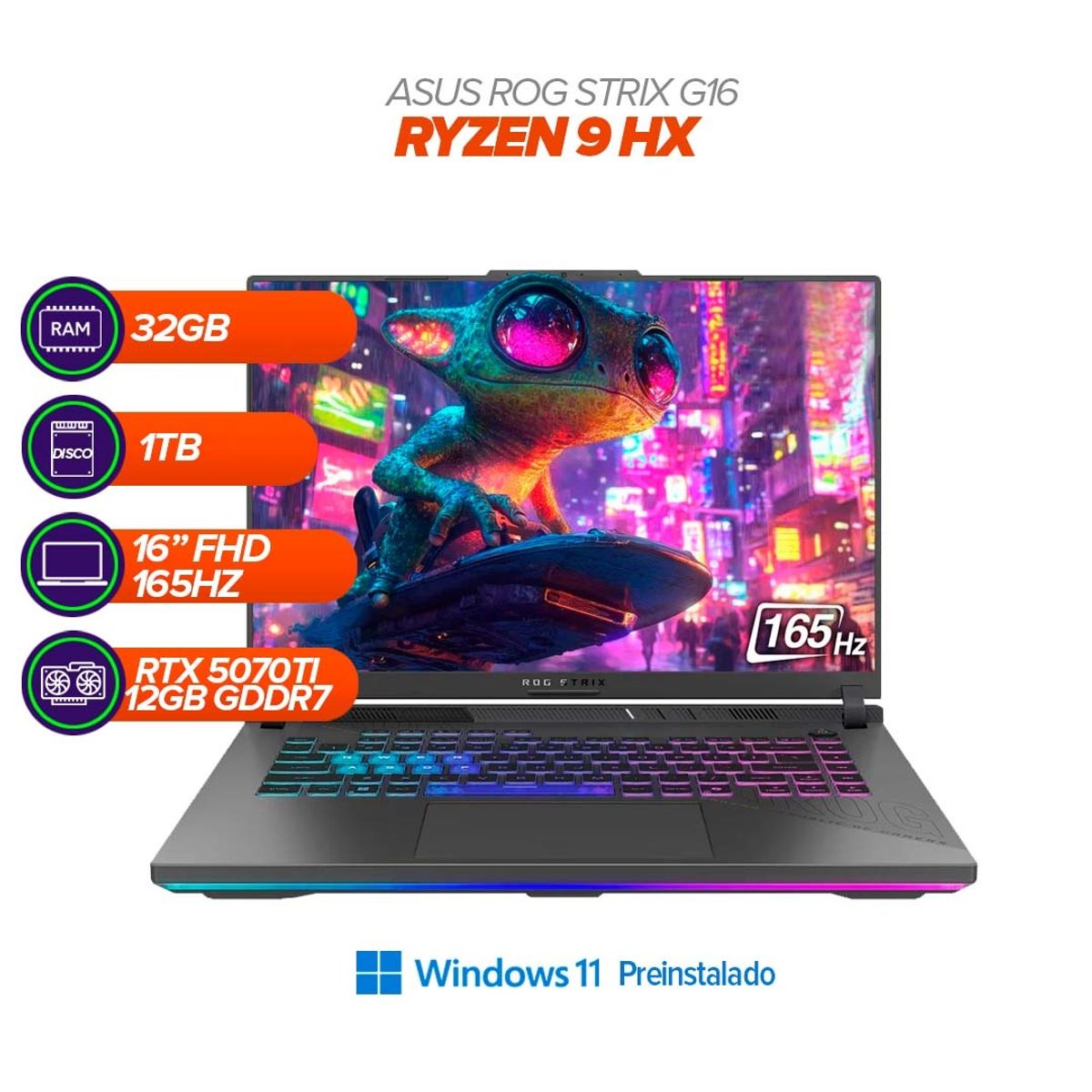 ASUS - PORTATIL GAMER ROG STRIX G16 RYZEN 9 8940HX / RTX 5070 TI / 32GB RAM / 1TB SSD / 16" WUXGA 165HZ