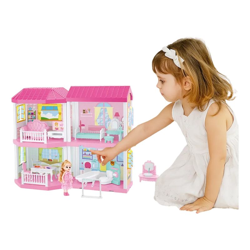 DISTRIONLINE - Casa De Muñecas 4 Pisos Con Luces Muebles y Figuras, 136 Piezas