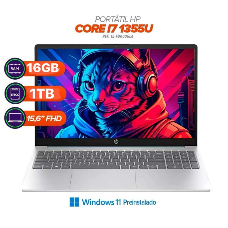 HP - Portátil HP 15-FD0006LA  Intel Core i7-1355U  RAM 16GB  SSD 1TB  16” FHD  Azul Claro de Luna