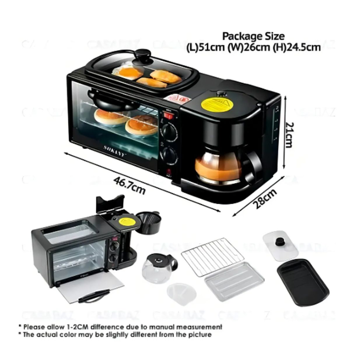 SOKANY - Horno Eléctrico Tostador Cafetera Parrilla 3 En 1