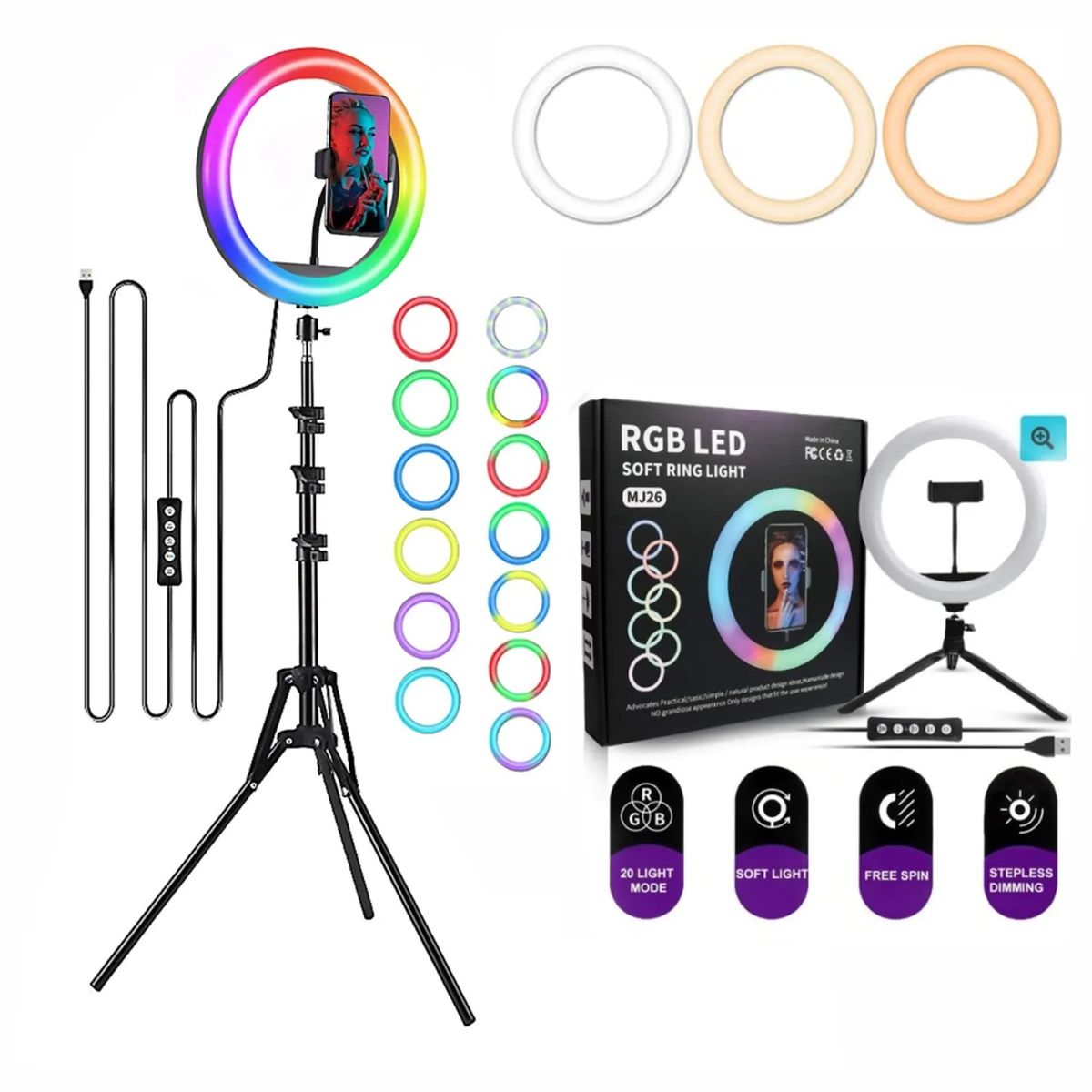 AMERICAN GENERICS - Aro De Luz 26 Cm Rgb Led Con Trípode Profesional 2 Mts