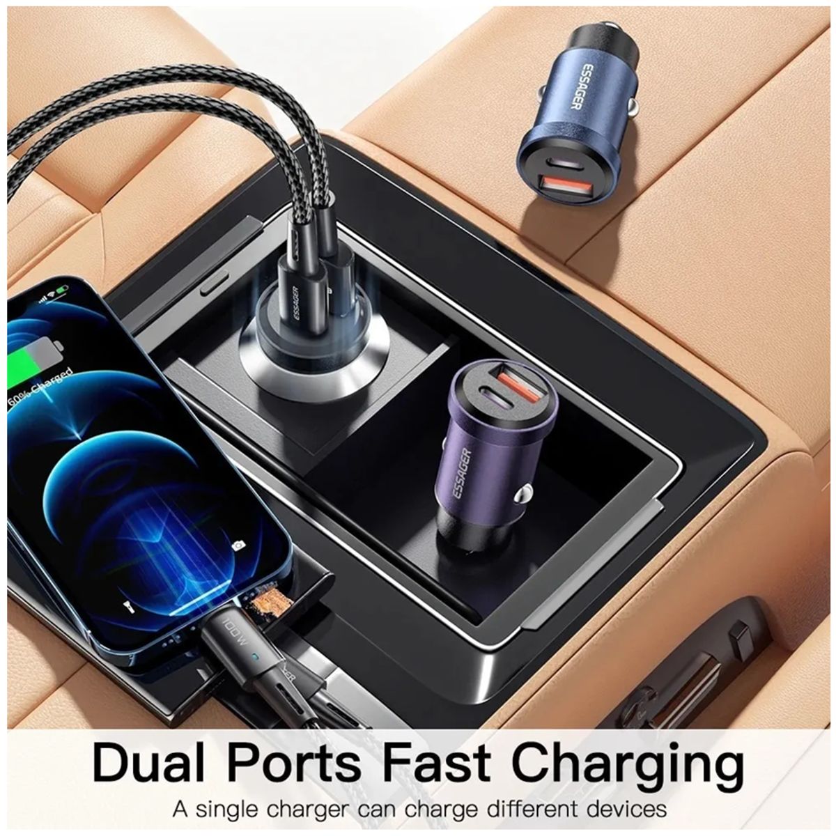 GENERICO - Cargador Carro Usb-a+usb-c Carga Rápida 54w Essager Aluminio