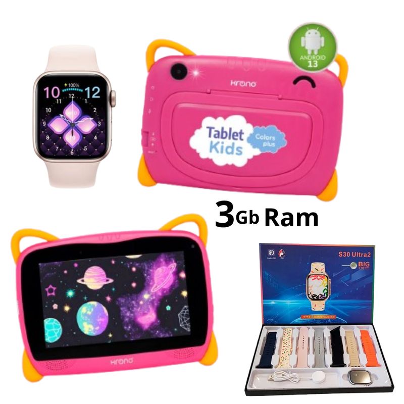 KRONO - Tablet Niños 3GB RAM Android 13 Wifi Rosado+ Reloj