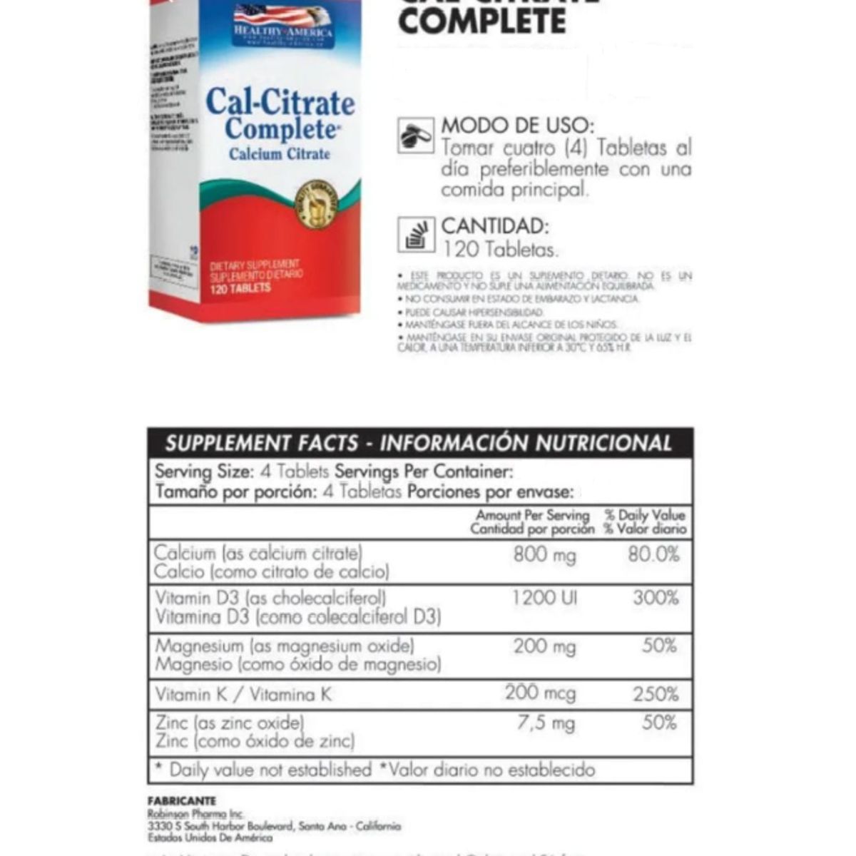 HEALTHY AMERICA - SUPLEMENTO CAL-CITRATE COMPLETE X 120 UNIDADES