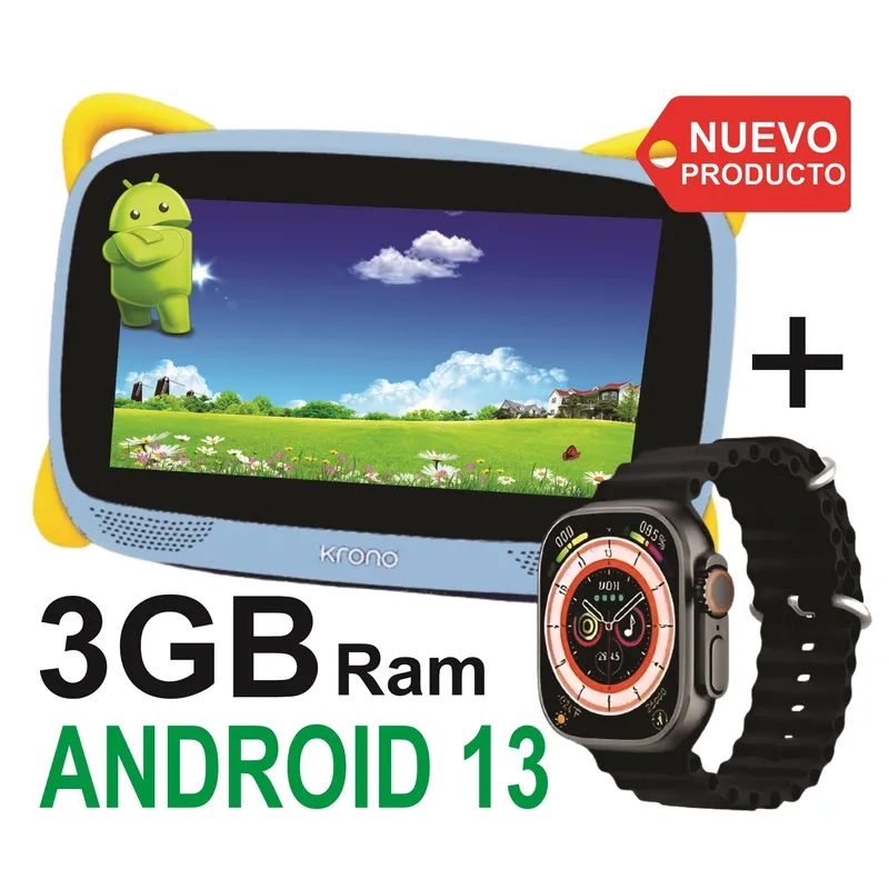KRONO - Tablet Niños 3GB RAM Android 13 32GB Wifi + Reloj Inteligente Azul Claro