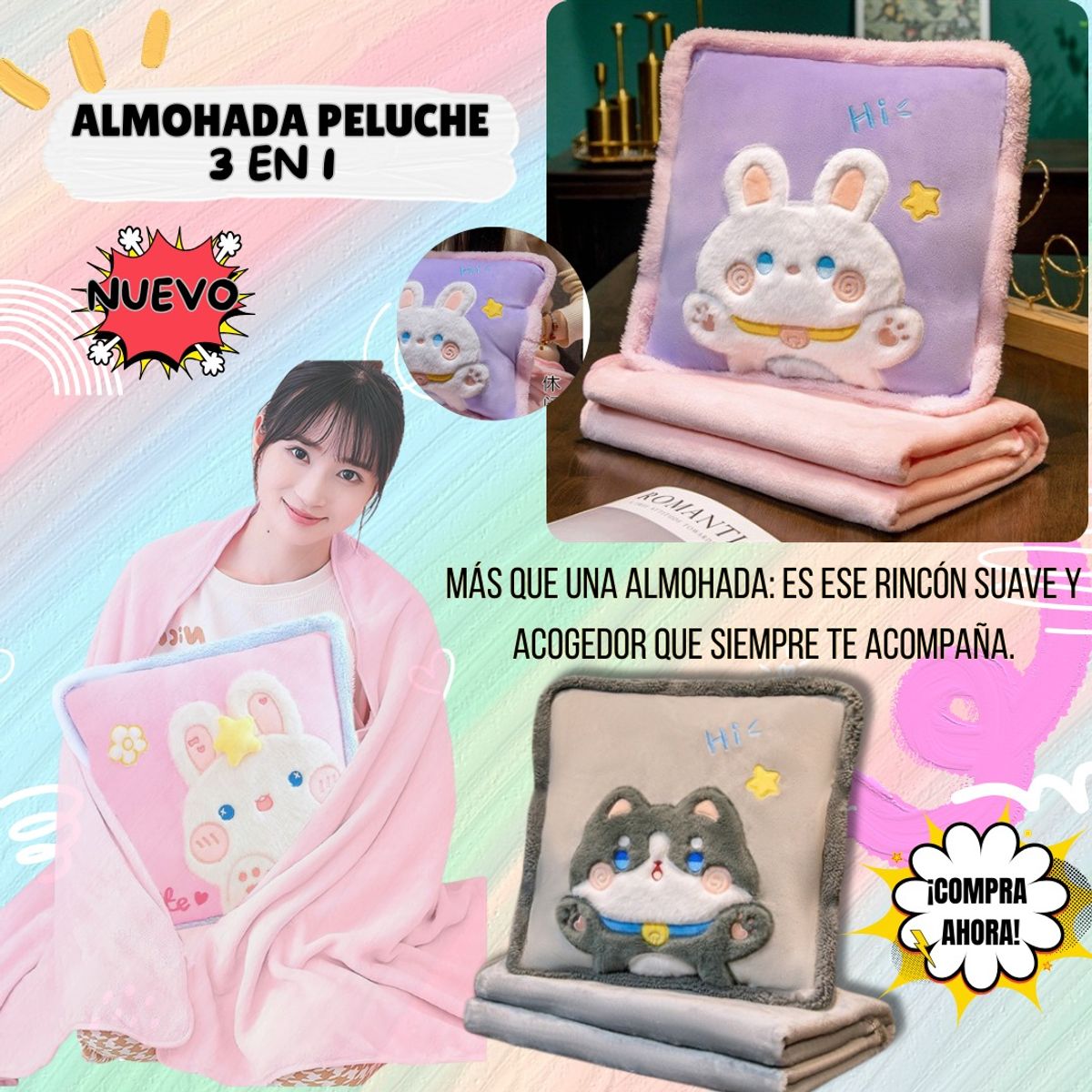 BEBESITOS - REGALO PARA NIÑOS ALMOHADA CON COBIJA CONN DIBUJOS 3D CONEJA
