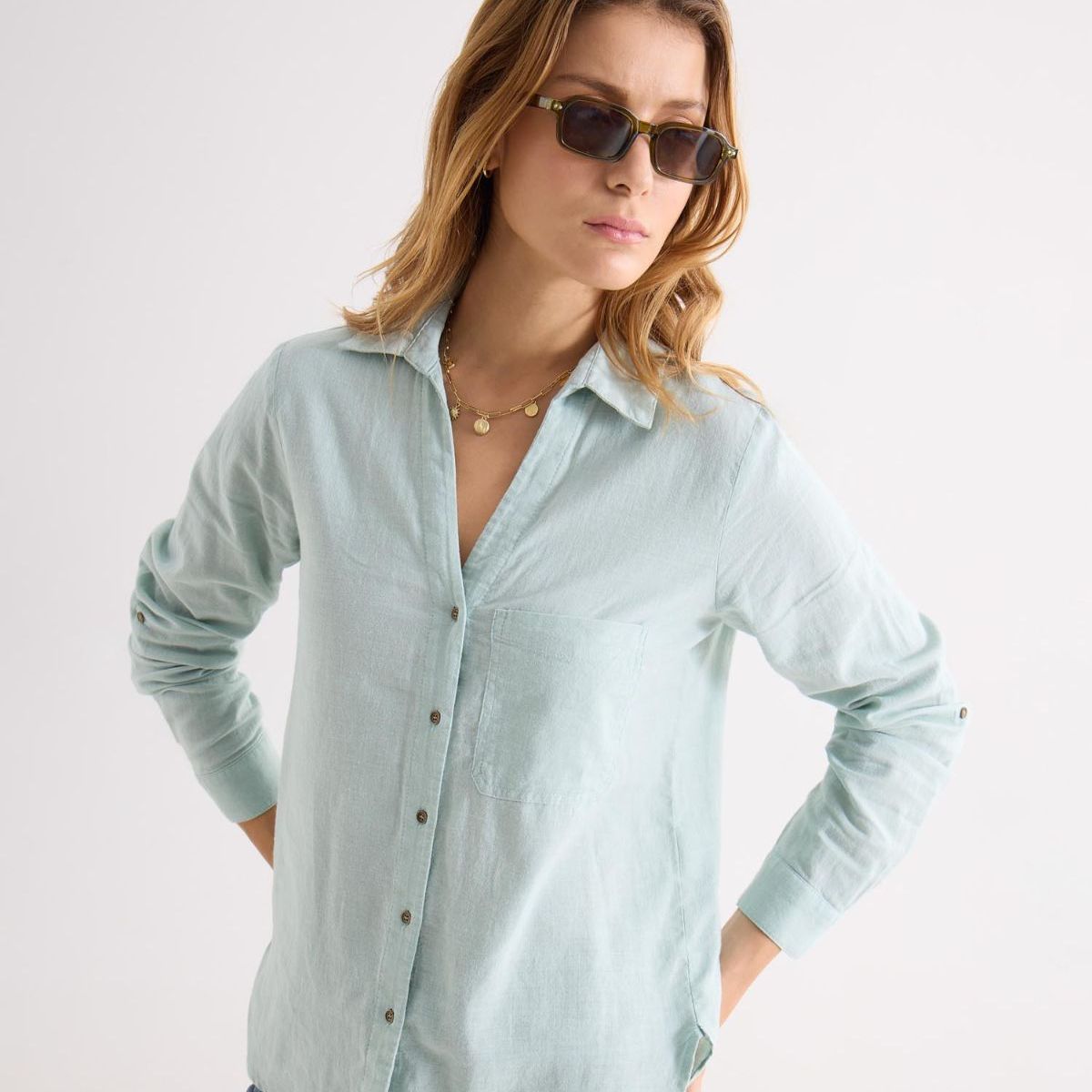 SEVEN SEVEN - Camisa Cuello Clásico Manga Larga  Para Mujer Azul Seven Seven