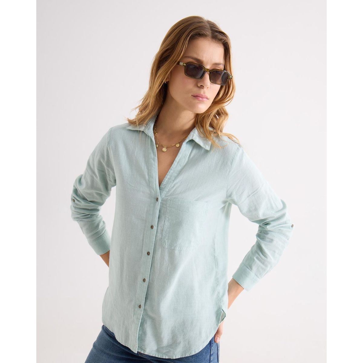 SEVEN SEVEN - Camisa Cuello Clásico Manga Larga  Para Mujer Azul Seven Seven
