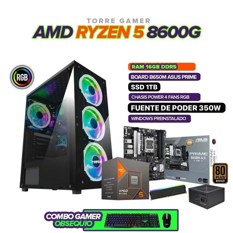 AMD - PC Gamer Ryzen 5 8600G / 16GB DDR5 / A620 / SSD 1TB / 4 FANS RGB / 350W