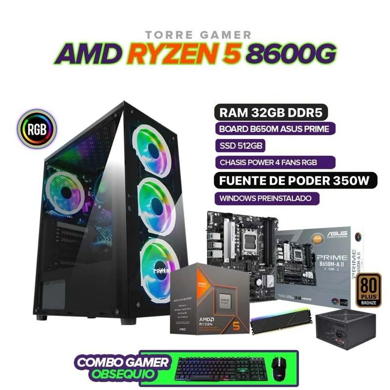 AMD - PC Gamer Ryzen 5 8600G / 32GB DDR5 / A620 / SSD 512GB / 4 FANS RGB / 350W