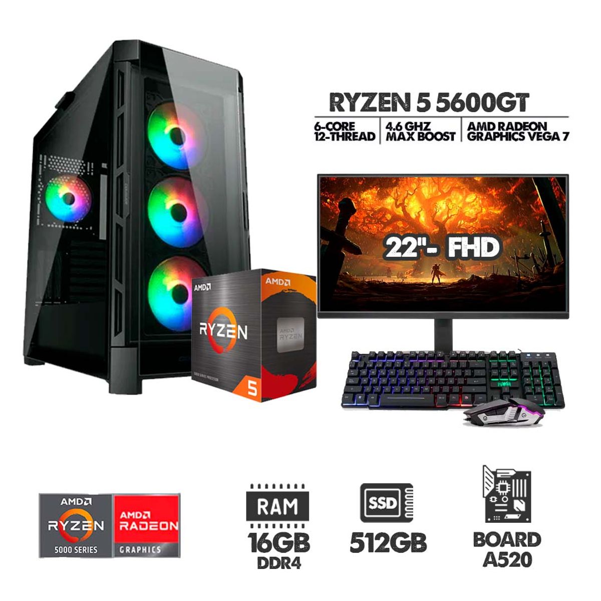 AMD - PC GAMER RYZEN 5 5600GT + MONITOR 22" FULL HD RAM 16GB DDR4 SSD 512GB + COMBO COMPLETO