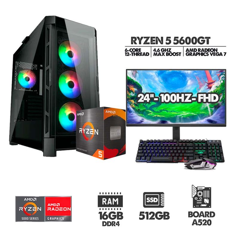 AMD - COMPUTADOR RYZEN 5 5600G - 16GB RAM - SSD 512GB - CHASIS 4 FANS + MONITOR 24 100HZ
