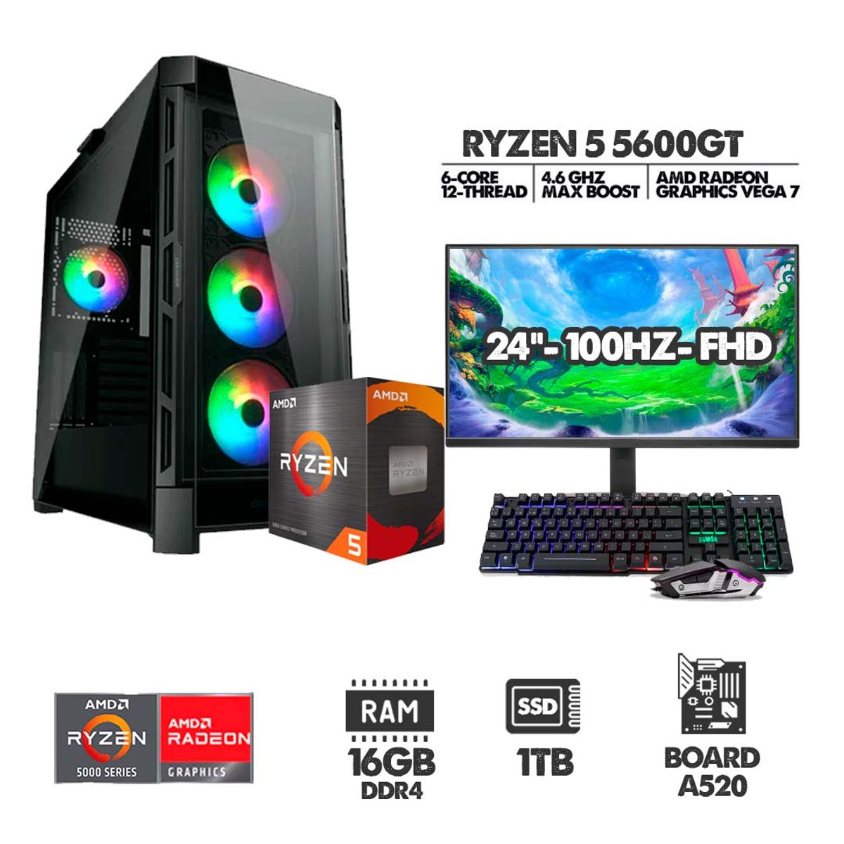 AMD - PC GAMER RYZEN 5 5600GT + MONITOR 24" FULL HD IPS RAM 16GB SSD 1TB + COMBO GAMER COMPLETO
