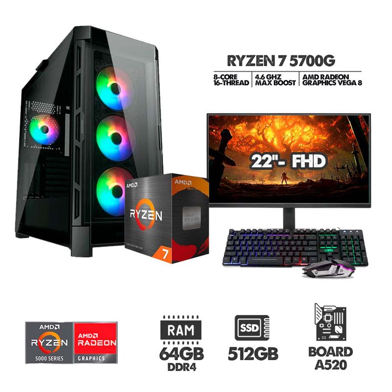 AMD - COMPUTADOR RYZEN 7 5700G - 64GB RAM - SSD 512GB - CHASIS 4 FANS + MONITOR 22