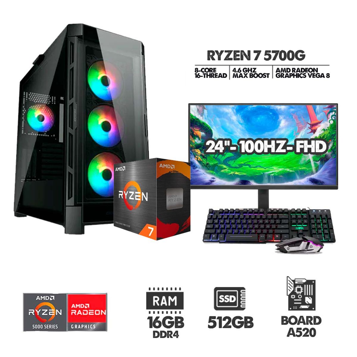 AMD - COMPUTADOR RYZEN 7 5700G - 16GB RAM - SSD 512GB - CHASIS 4 FANS + MONITOR 24 100HZ