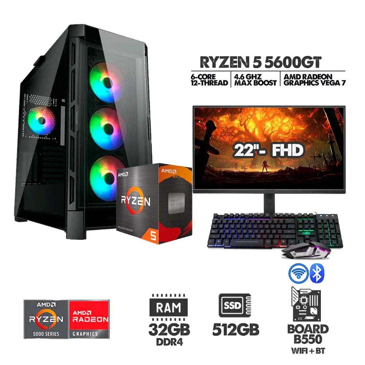 AMD - PC GAMER RYZEN 5 5600GT| BOARD B550 WIFI| RAM 32GB SSD 512GB| MONITOR 22" 120HZ FHD