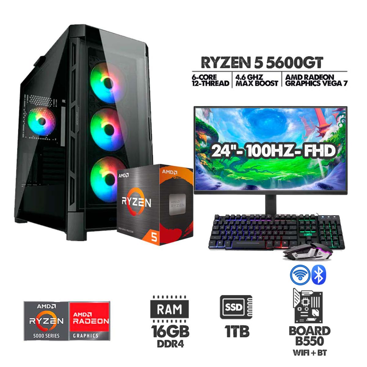 AMD - PC GAMER RYZEN 5 5600GT 16GB RAM 1TB SSD MONITOR 24" FULL HD + WIFI INCLUIDO