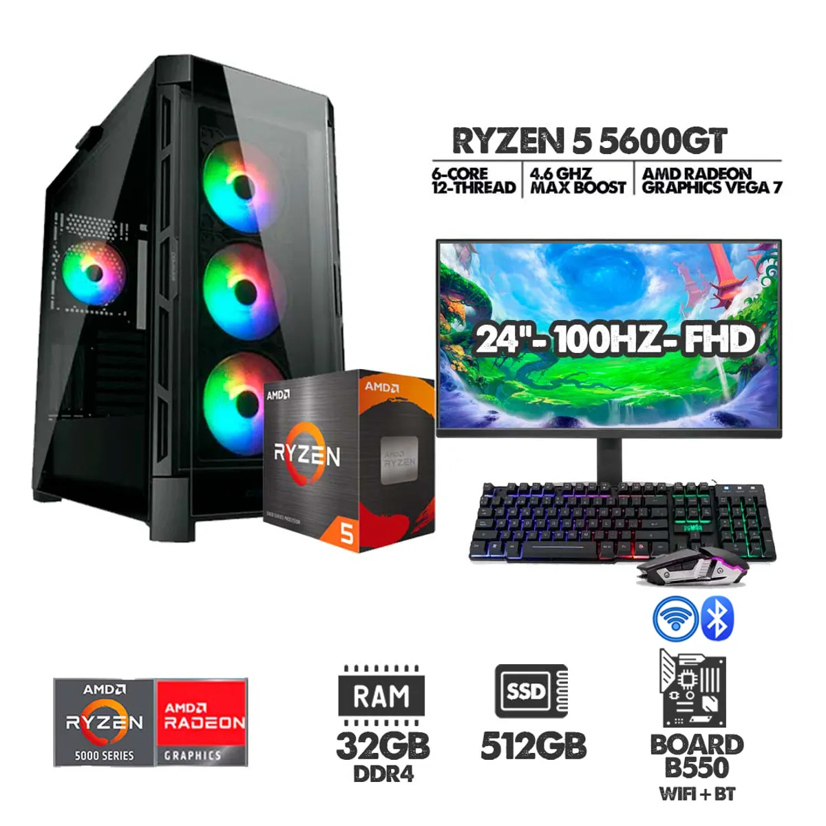 AMD - COMPUTADOR RYZEN 5 5600GT - 32GB RAM - SSD 512GB - B550 WIFI + MONITOR 24 100HZ + COMBO GAMER
