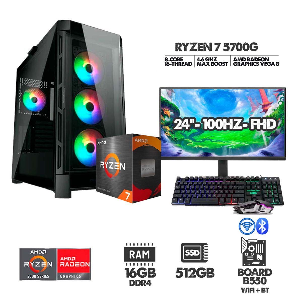 AMD - PC GAMER RYZEN 7 5700G + MONITOR 24" FULL HD B550 WIFI RAM 16GB SSD 512GB M.2 + COMBO