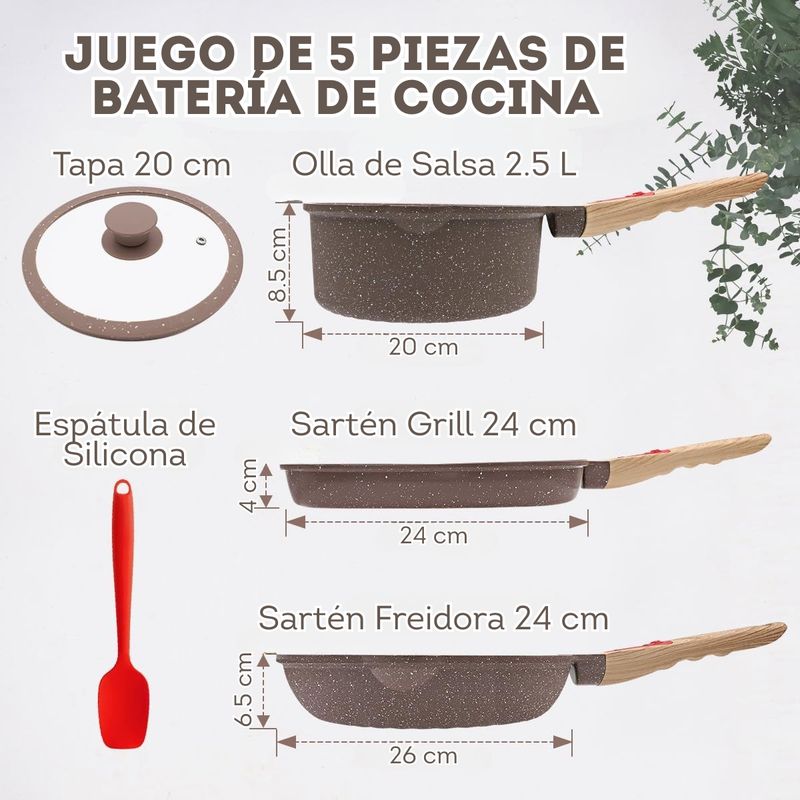 KOBALT - Juego de 5 ollas y sartenes antiadherentes de cerámica Marrón
