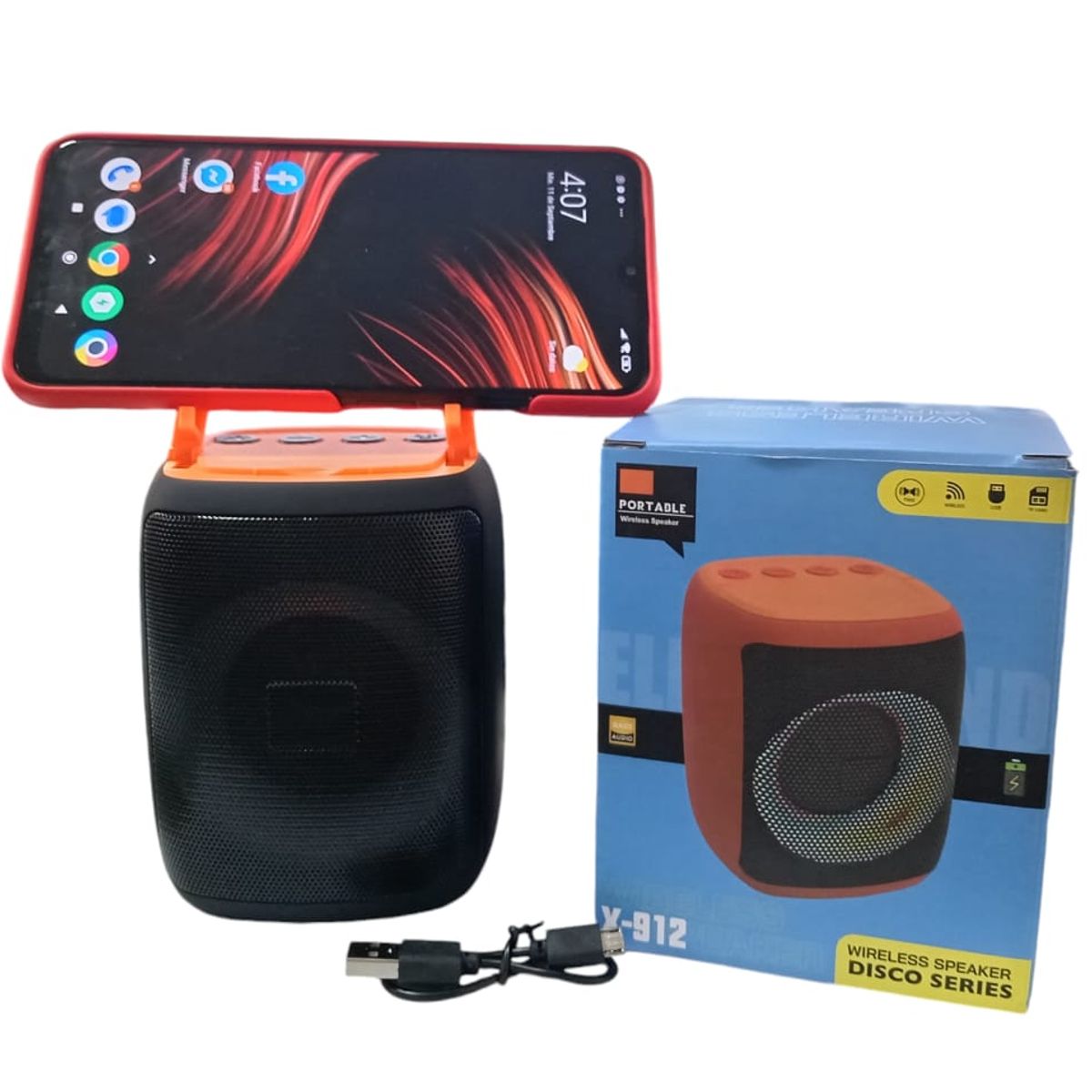 GENERICO - Parlante Bluetooth Con Soporte para Celular X-912 NegroNaranja