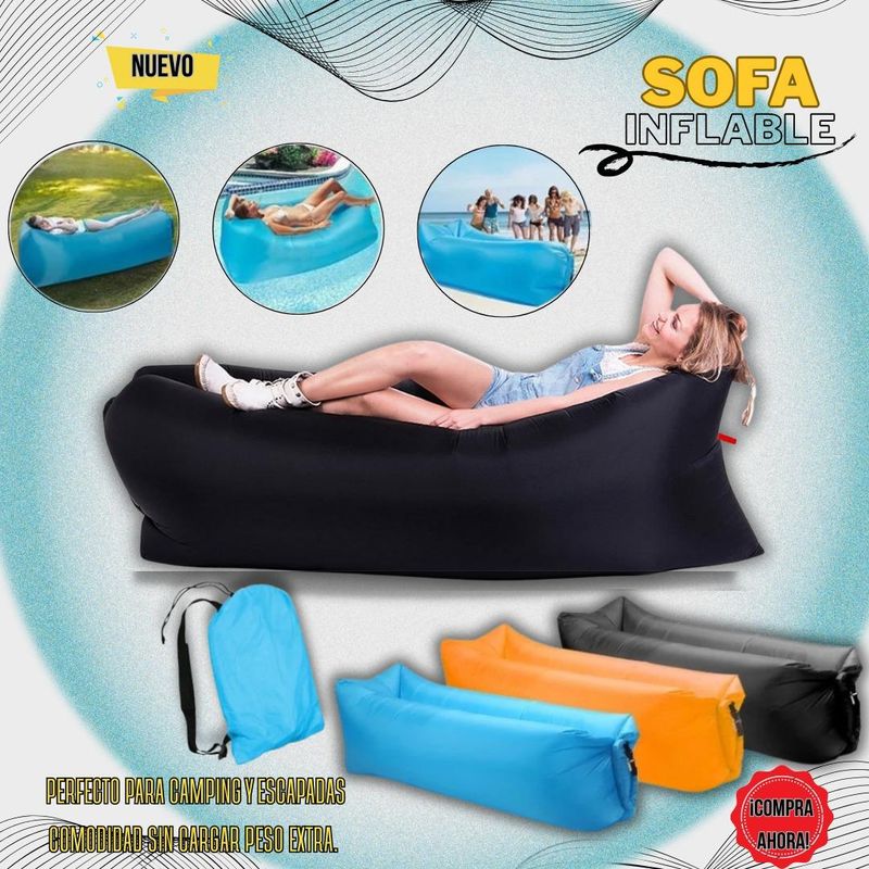 JUGUETELANDIA - Cama Sillon Sofa Inflable Portatil Playa Colchon Descanso negro