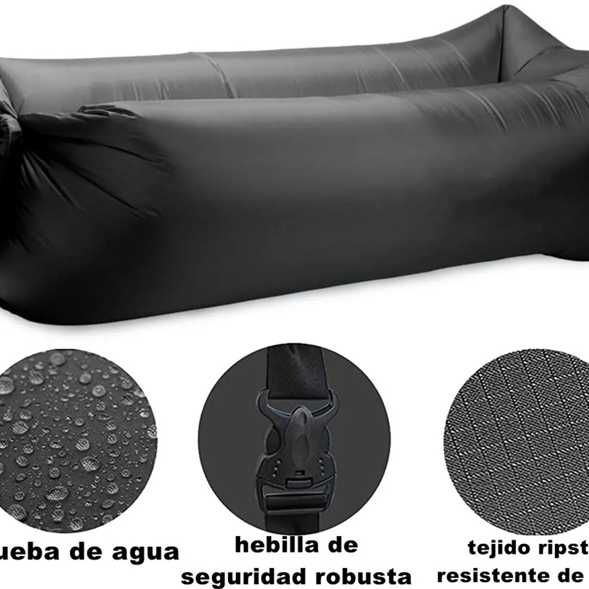 JUGUETELANDIA - CAMA SILLON COJIN INFLABLE DE DESCANSO PRA EXTERIORES NEGRO