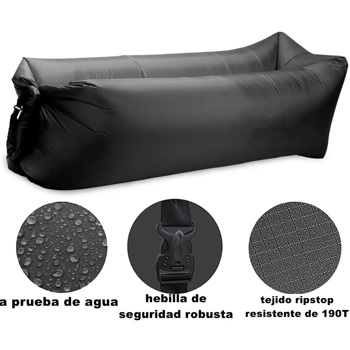 JUGUETELANDIA - CAMA SILLON COJIN INFLABLE DE DESCANSO PRA EXTERIORES NEGRO