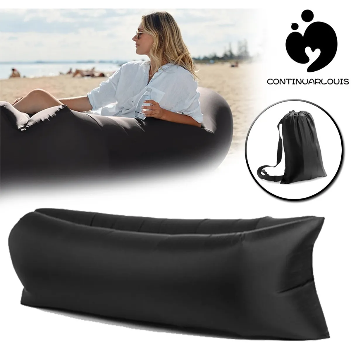 JUGUETELANDIA - CAMA SILLON COJIN INFLABLE DE DESCANSO PRA EXTERIORES NEGRO