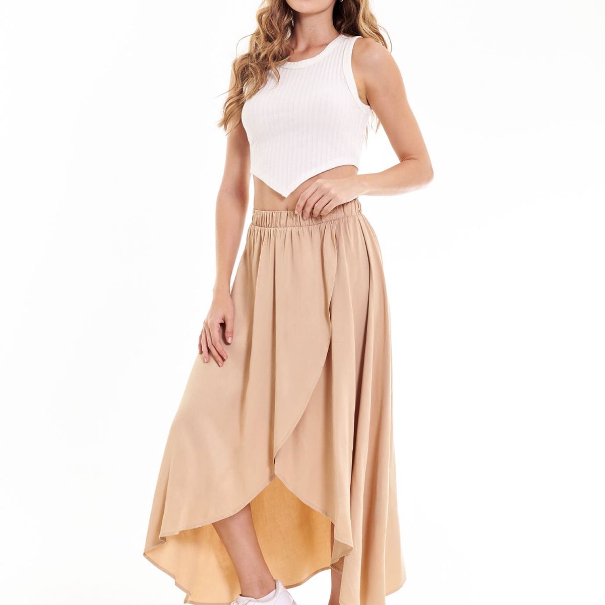 BELIFE - Falda larga café con cintura resortada para mujer