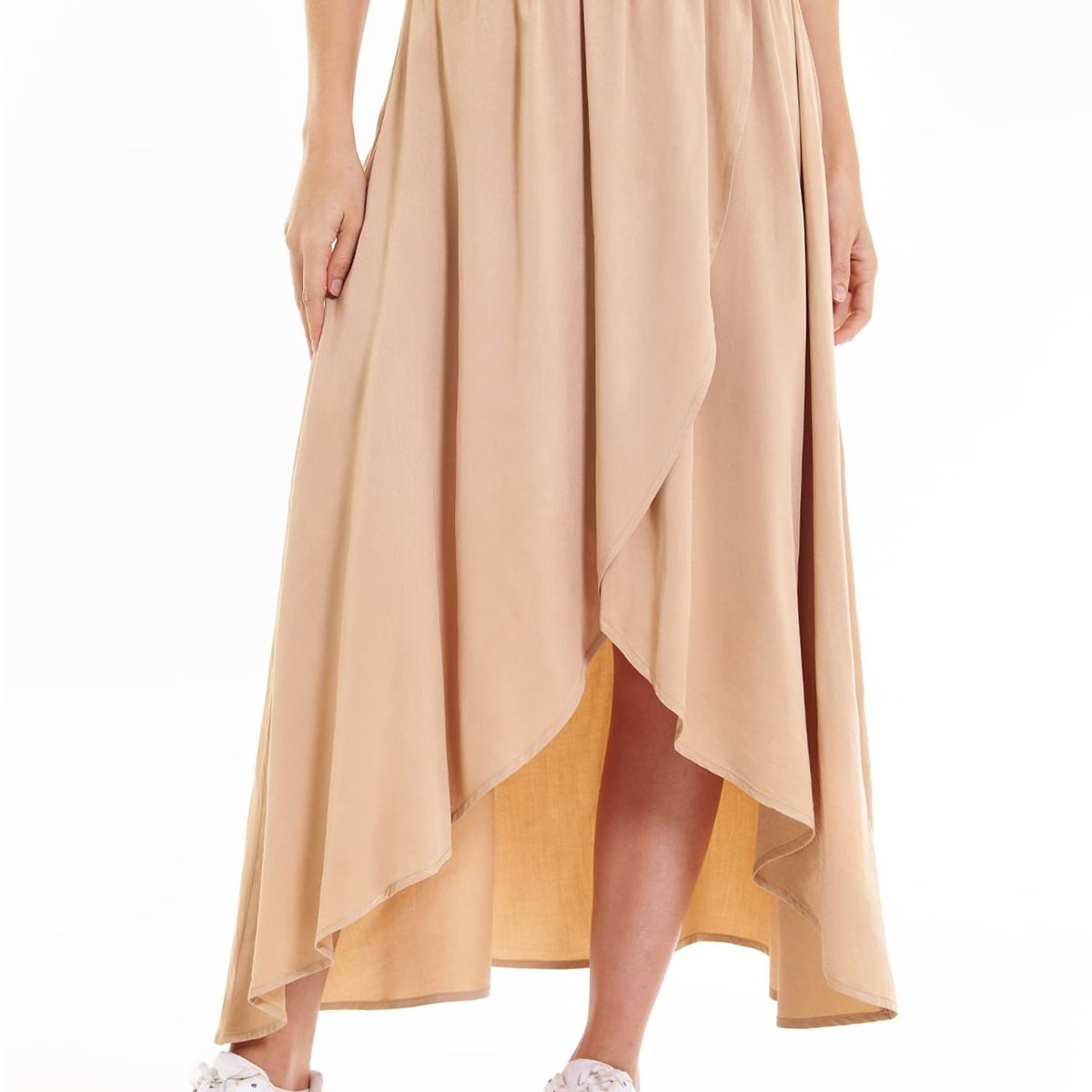 BELIFE - Falda larga café con cintura resortada para mujer