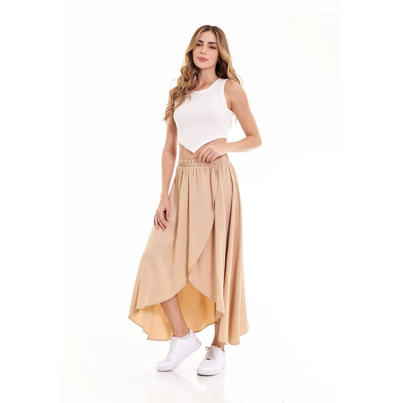 BELIFE - Falda larga café con cintura resortada para mujer