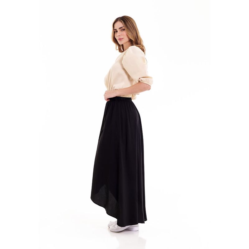 BELIFE - Falda larga negro con cintura resortada y abertura frontal para mujer