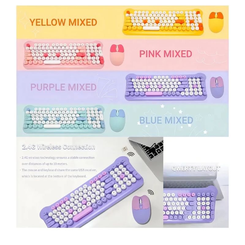 GENERICO - Kit Teclado Mouse Inalámbrico Español Qwerty Gatito Kawaii Rosa Rosa