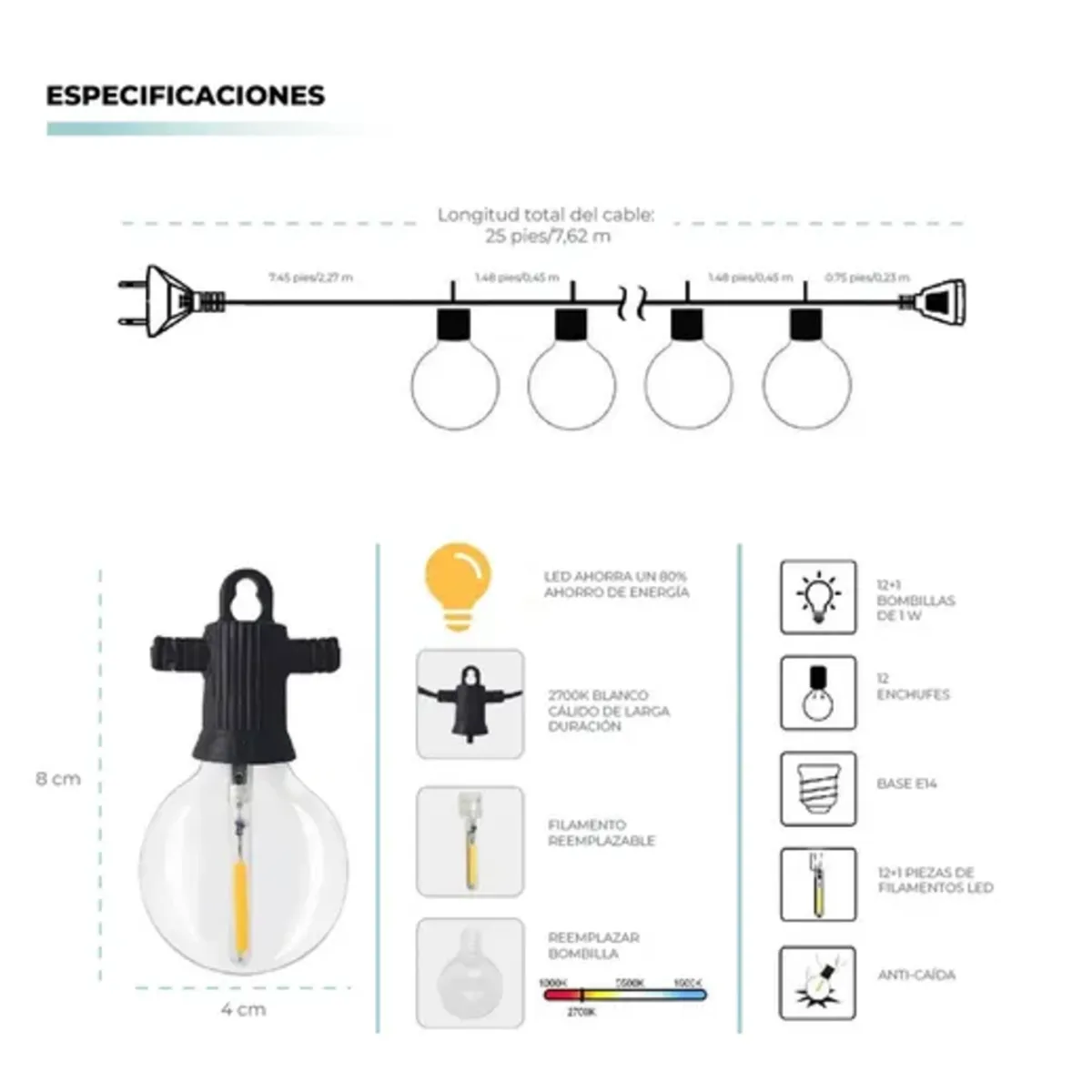 LEMON - Guirnalda Extensión Luces Exterior 7,6m 25 Bombillos Led