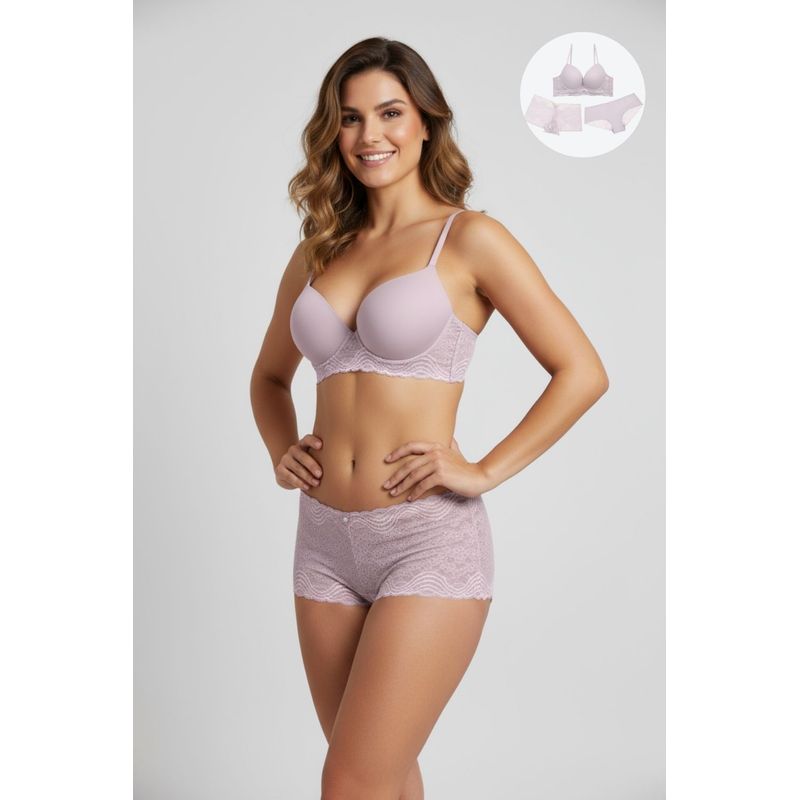 LILI PINK - Conjunto brasier y dos panties en microfibra con encaje