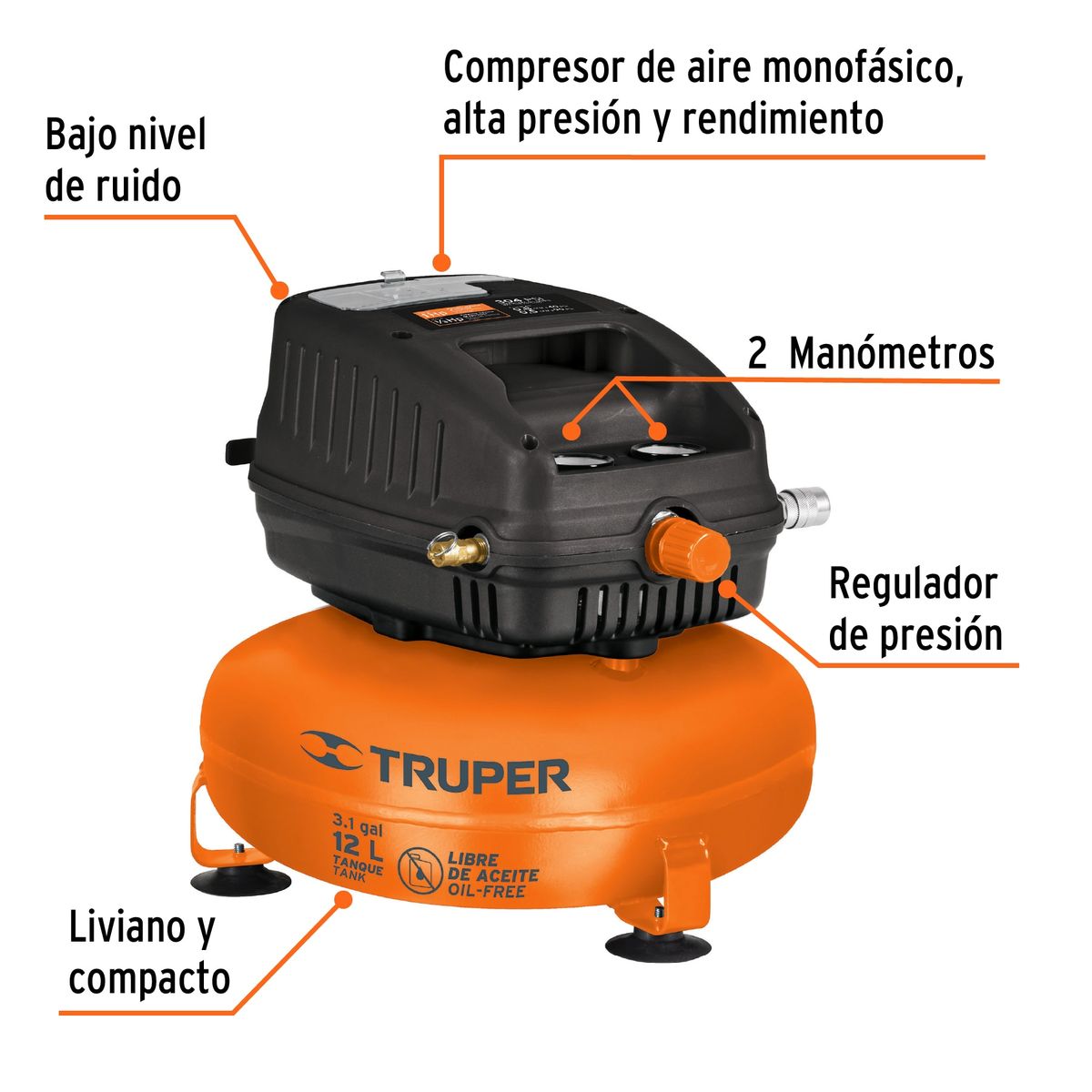 TRUPER - Compresor De Aire 1hp 12l Truper 100 Psi Libre De Aceite