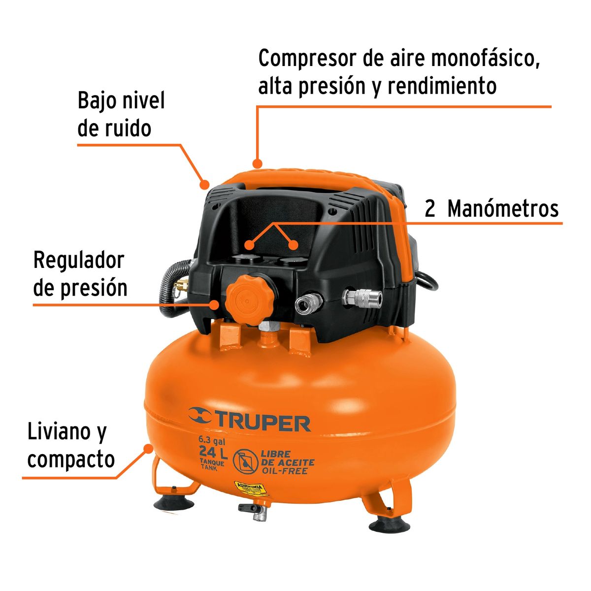 TRUPER - Compresor De Aire 223hp 24l Truper 116 Psi Libre De Aceite