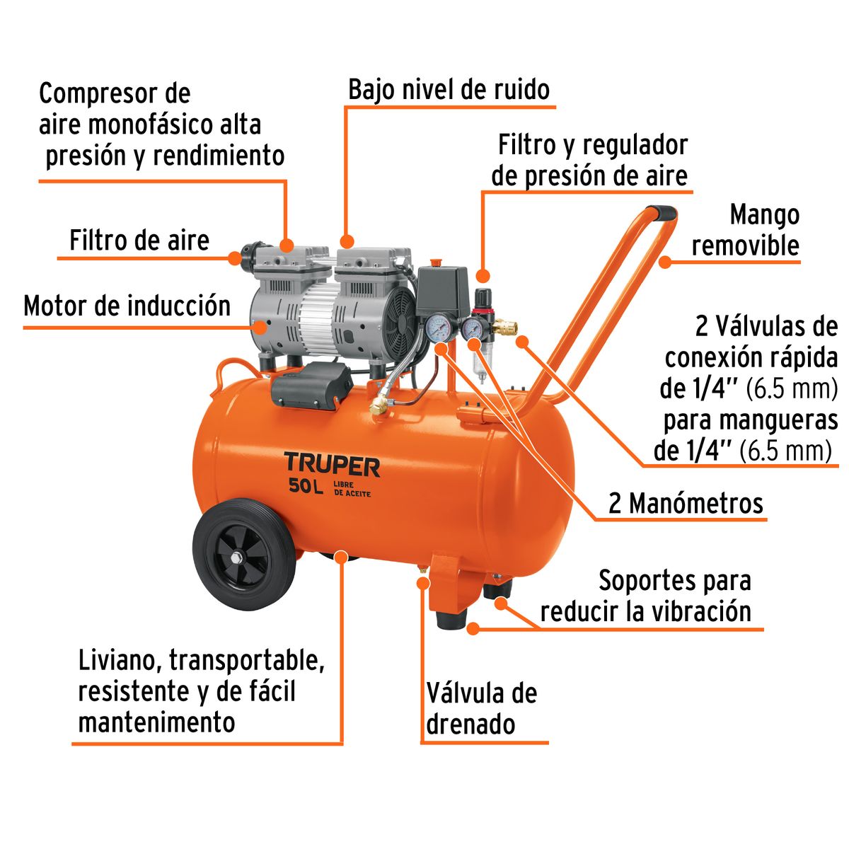 TRUPER - Compresor De Aire 2hp 50l Truper Silencioso Libre De Aceite