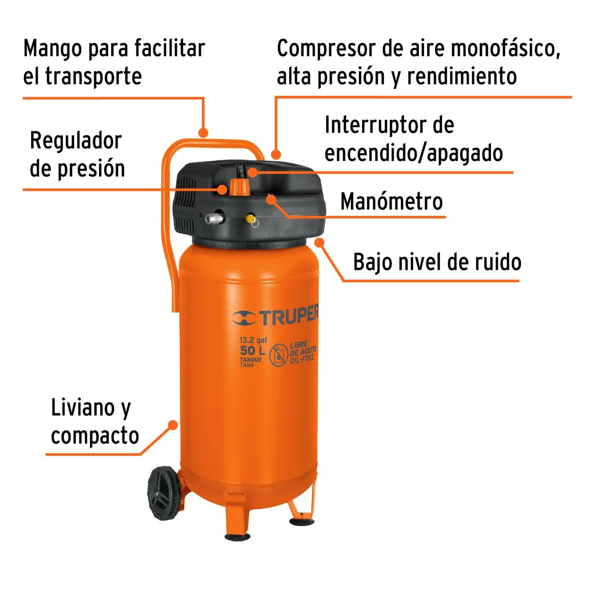 TRUPER - Compresor De Aire 3hp 50l Truper 116 Psi Libre De Aceite
