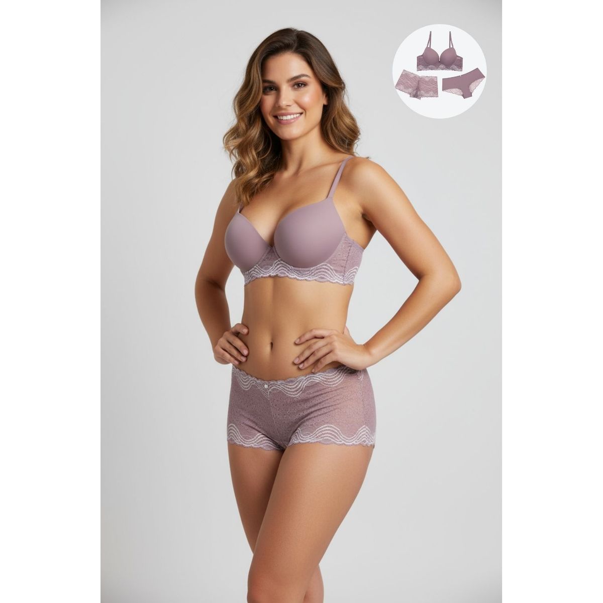 LILI PINK - Conjunto brasier y dos panties en microfibra con encaje