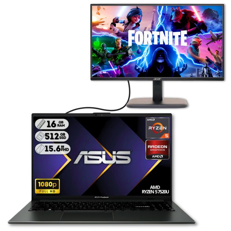 ASUS - COMBO PORTATIL AMD RYZEN 5 7520U SSD 512GB RAM 16GB LED + MONITOR 22FHD