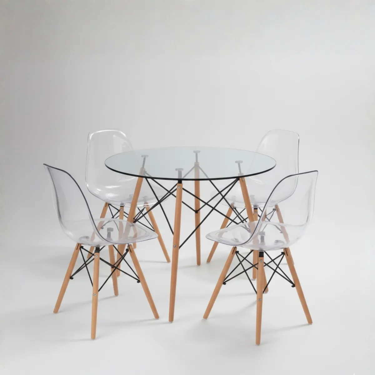 ENTRE NOS HOME - Comedor Alma 4 puestos Vidrio Redondo Transparente+Silla Transparente