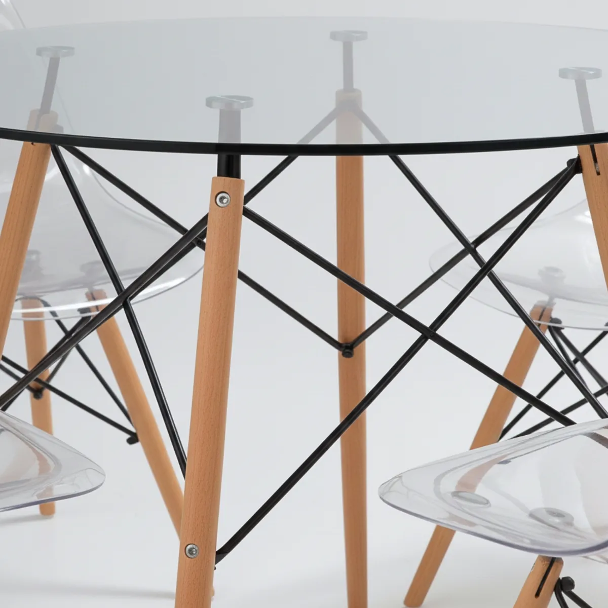 ENTRE NOS HOME - Comedor Alma 4 puestos Vidrio Redondo Transparente+Silla Transparente