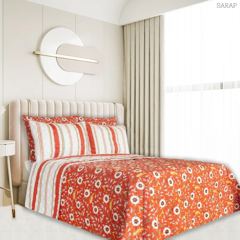 BALI - Colcha Cama KING Naranja Flores Rayas