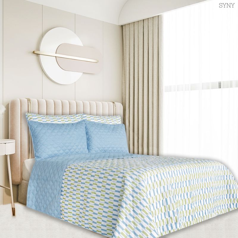 BALI - Colcha Cama QUEEN Azul Rayas Verdes
