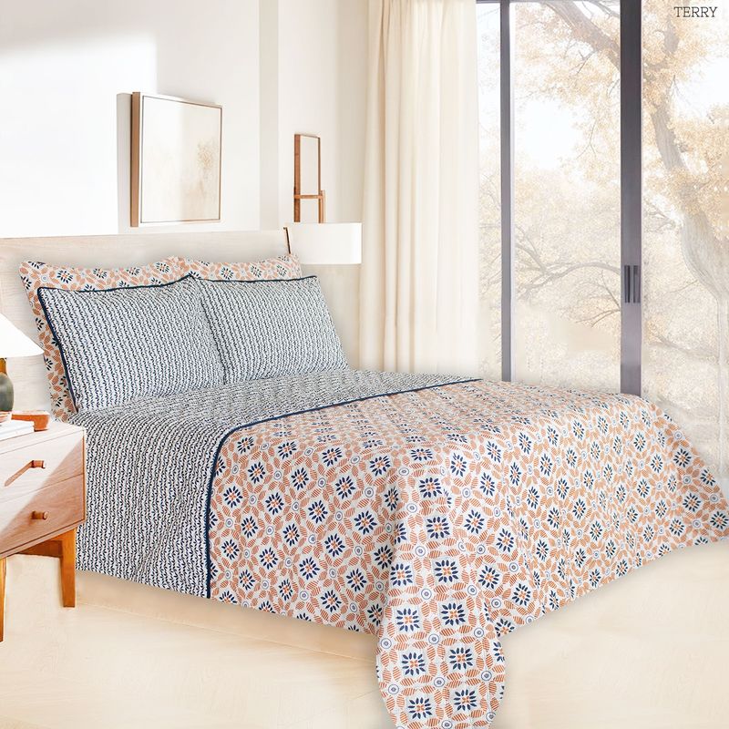 BALI - Colcha Cama Doble Petalos Naranja Azul