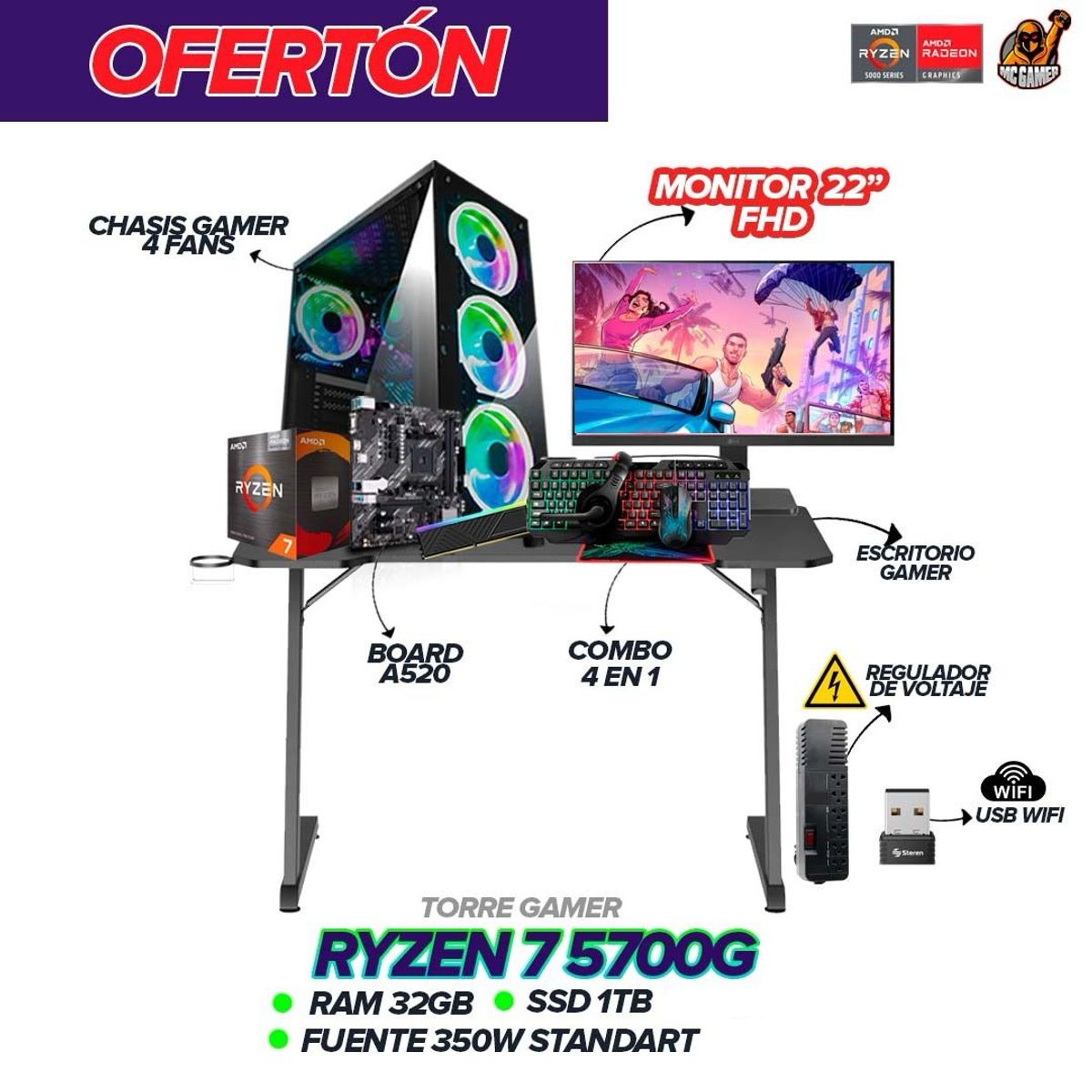AMD - PC Gamer Ryzen 7 5700G / 32GB RAM / 1TB SSD / A520 / 350W / Monitor 22" FHD