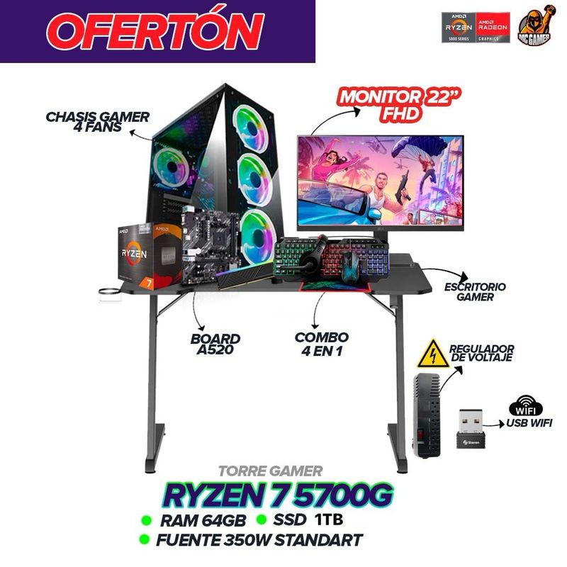 AMD - PC Gamer Ryzen 7 5700G / 64GB RAM / 1TB SSD / A520 / 350W / Monitor 22" FHD